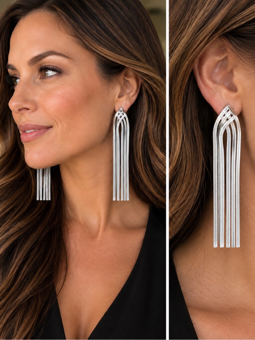 🔹 Silver Multi-Strand Tassel Statement Post Earrings